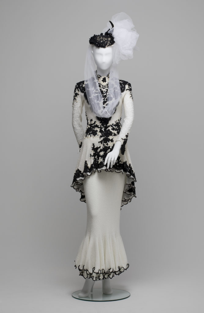 Wedding dress and hat worn by Claudia Chan Shaw 